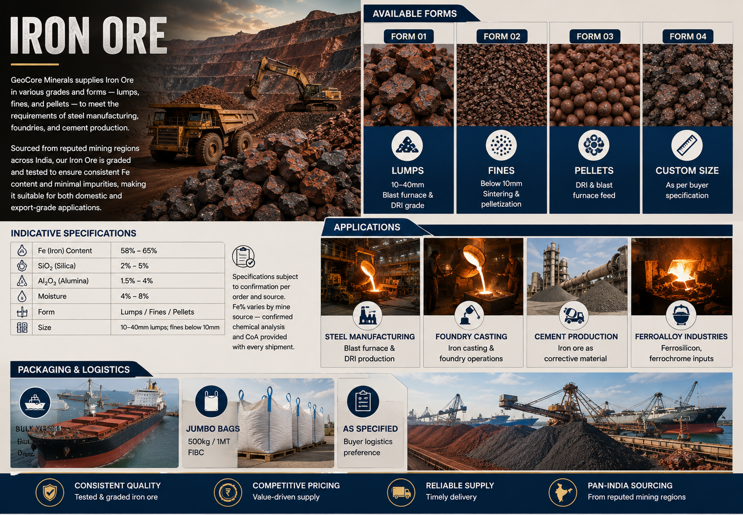 Iron Ore lumps fines India export steel grade
